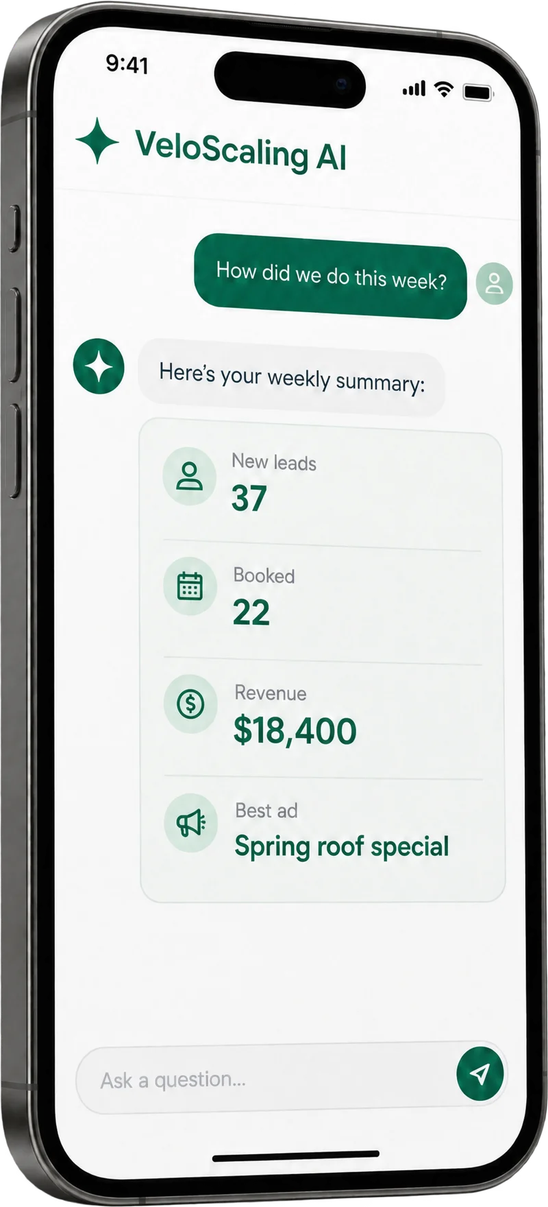 The VeloScaling AI assistant giving a weekly summary on a phone