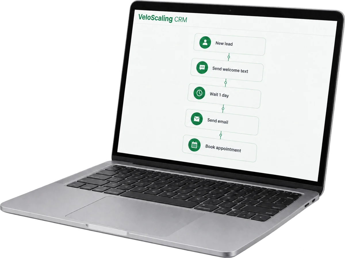 A simple automation: new lead, welcome text, wait a day, email, book appointment