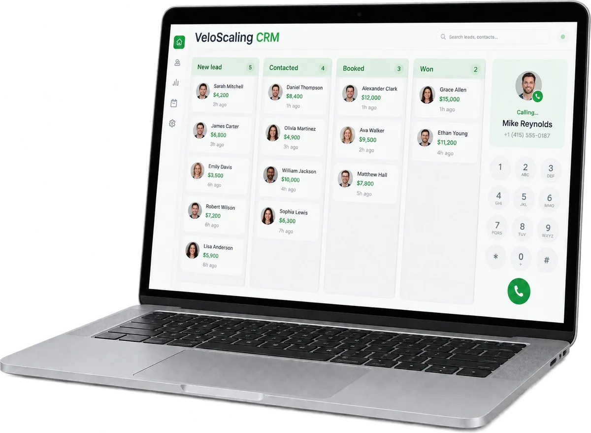 CRM pipeline with lead cards and a built-in phone dialer