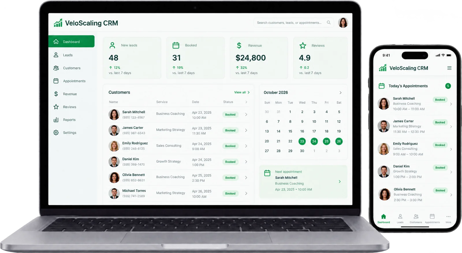 The VeloScaling CRM on a laptop and phone, showing leads, bookings, revenue and today's appointments